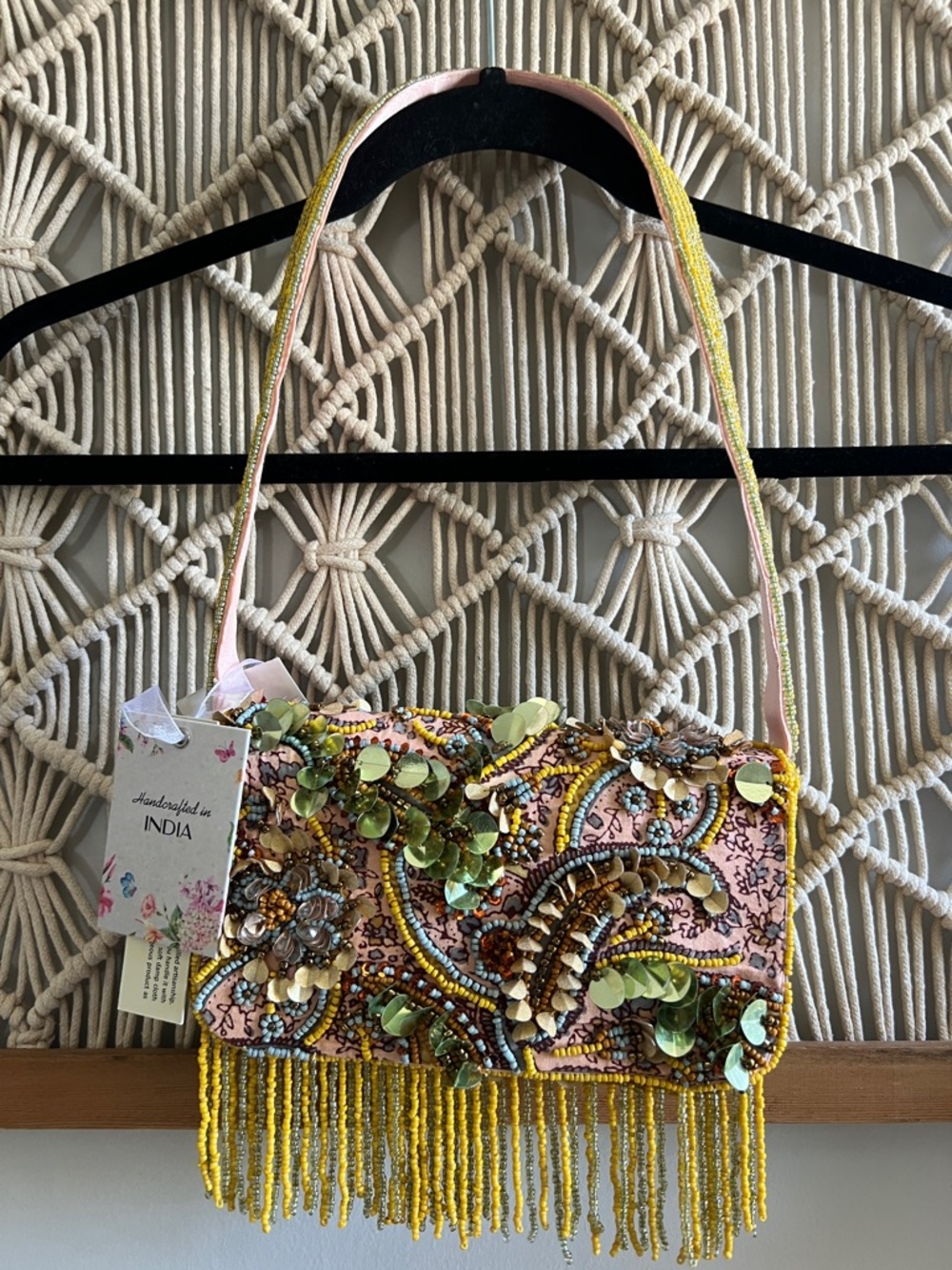 Yellow Pink Green Beaded Sequin Shoulder Bag with Fringe Paisley Pattern